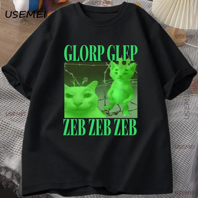 Green Alien Cat T Shirt Men Women Cat Meme Tee Silly Cute T-Shirt Cotton Short Sleeve Casual Round Neck Tshirt Streetwear