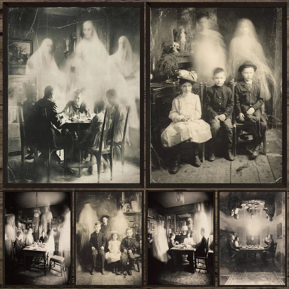 Ghost At The Dinner Table Vintage Horror Photography Wall Art Canvas Painting,Creepy Old Photo,Gothic Art Poster Print Decor