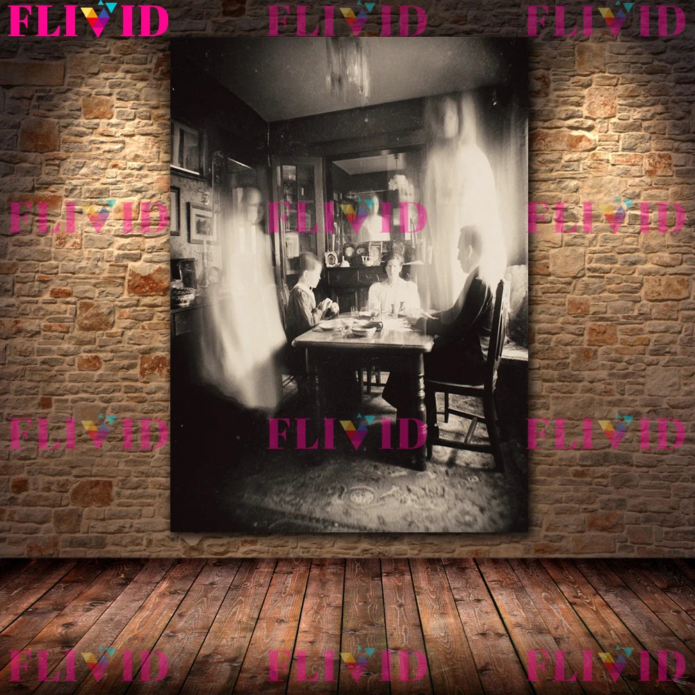 Ghost At The Dinner Table Vintage Horror Photography Wall Art Canvas Painting,Creepy Old Photo,Gothic Art Poster Print Decor
