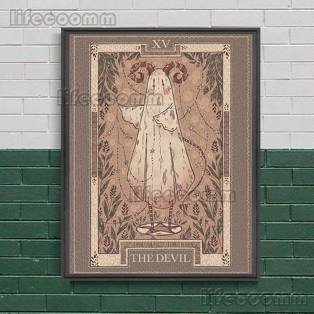 Ghost Tarot Abstract Wall Art Canvas Painting,Cute Ghost Artwork  Illustration Poster And Print For Living Room Decor Unframed