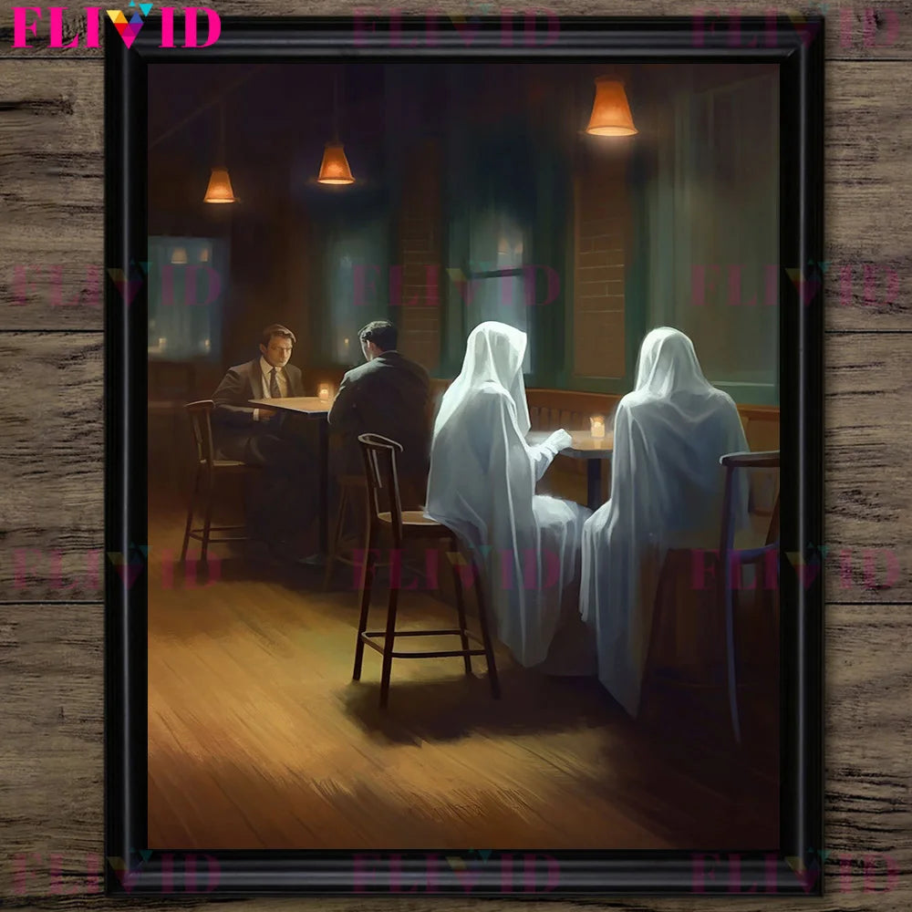 Ghost In Cafeteria,Ghost In Lavender Garden,Fantasy Wall Art Canvas Painting Funny Gothic Ghost Artwork Poster Print Home Decor