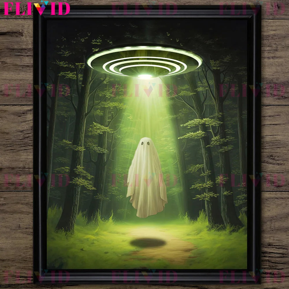 Ghost In Cafeteria,Ghost In Lavender Garden,Fantasy Wall Art Canvas Painting Funny Gothic Ghost Artwork Poster Print Home Decor